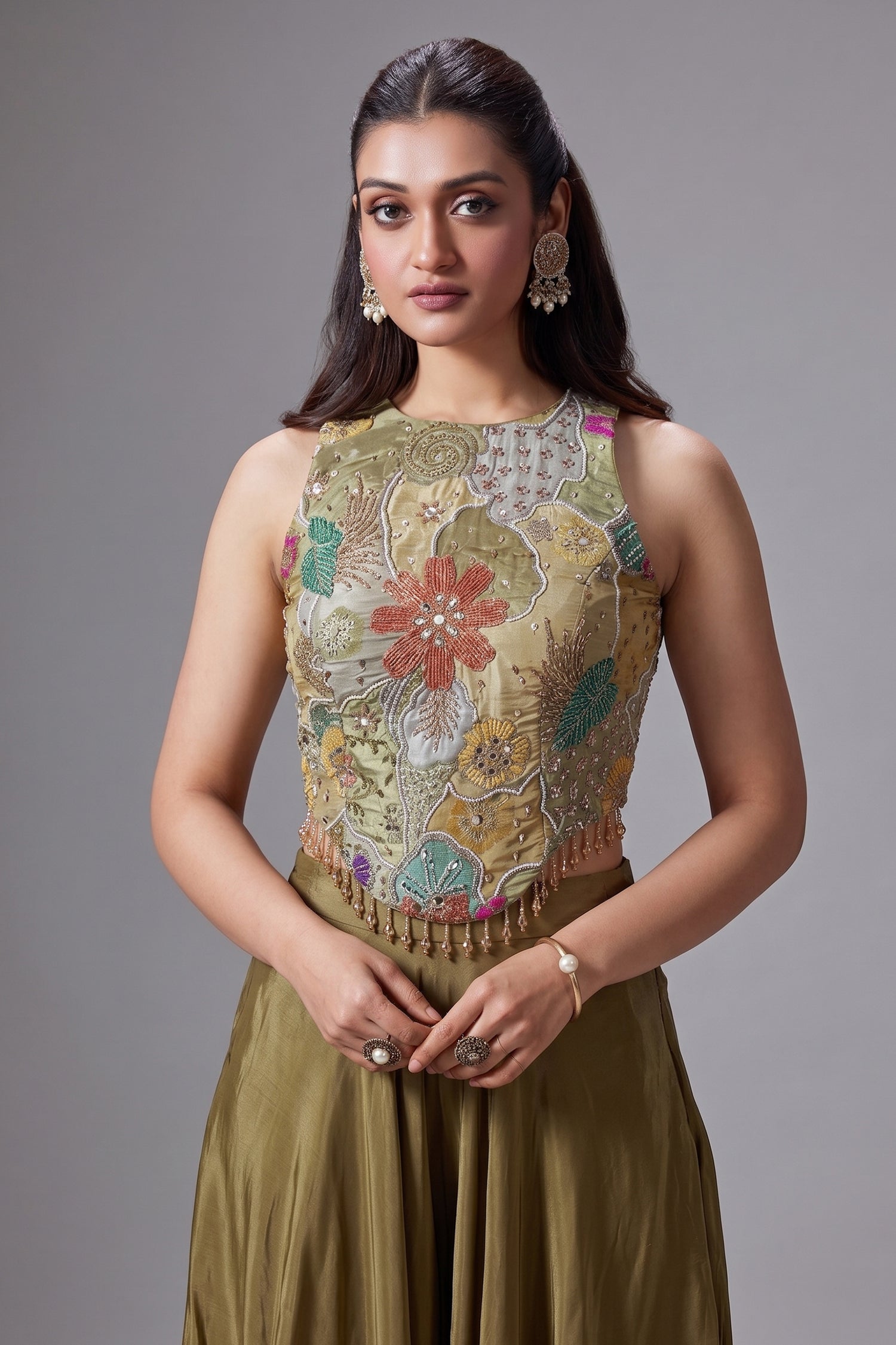 Olive Green Crepe Satin Silk Cutdana Beaded and Mirror Worked Crop Top Palazzo Set - green silk saree