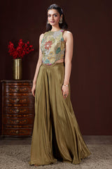 Olive Green Crepe Satin Silk Cutdana Beaded and Mirror Worked Crop Top Palazzo Set - green silk saree