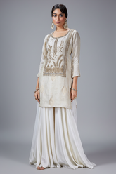 Off White Banarasi Silk Woven and Zardosi Worked Straight Cut Palazzo Suit - white silk saree