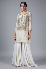 Off White Banarasi Silk Woven and Zardosi Worked Straight Cut Palazzo Suit - white silk saree