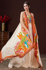 Cream Crepe Silk Cutdana Sequin Worked Crop Top Palazzo Set with Cape Jacket