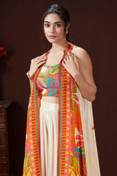 Cream Crepe Silk Cutdana Sequin Worked Crop Top Palazzo Set with Cape Jacket - cream silk saree