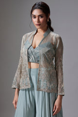 Light Blue Tissue Silk Crop Top Palazzo Set with Embroidered Jacket