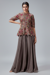 Grey Chinon Floral Embroidered and Sequin Worked Peplum Top and Palazzo Set - red saree embroidered