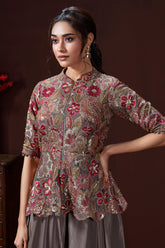 Grey Chinon Floral Embroidered and Sequin Worked Peplum Top and Palazzo Set - red saree embroidered