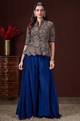 Blue Chinon Sequin Embroidered Top and Palazzo Set - red saree embroidered