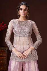 Lilac Tissue Sequin Embroidered Top and Palazzo Set - red saree embroidered