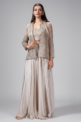 Grey Tissue Embroidered Crop Top Palazzo Set with Jacket - red saree embroidered