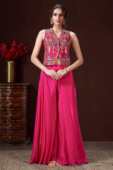 Pink Silk Embroidered and Mirror Worked Crop Top Palazzo Set with Shell Detailing - red silk saree embroidered