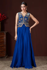 Blue Silk Embroidered and Mirror Worked Crop Top Palazzo Set with Shell Detailing - red silk saree embroidered