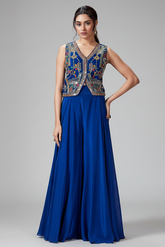 Blue Silk Embroidered and Mirror Worked Crop Top Palazzo Set with Shell Detailing - red silk saree embroidered