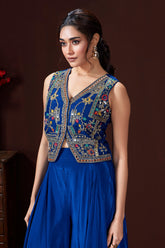 Blue Silk Embroidered and Mirror Worked Crop Top Palazzo Set with Shell Detailing - red silk saree embroidered