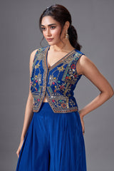 Blue Silk Embroidered and Mirror Worked Crop Top Palazzo Set with Shell Detailing