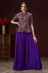 Violet Purple Silk Sequin Embroidery Peplum Top and Palazzo Set - purple silk saree embroidery