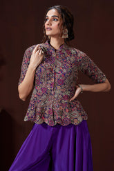 Violet Purple Silk Sequin Embroidery Peplum Top and Palazzo Set - purple silk saree embroidery