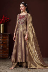 Golden Tissue Silk Cutdana and Zardosi Worked Anarkali Palazzo Suit - gold silk saree
