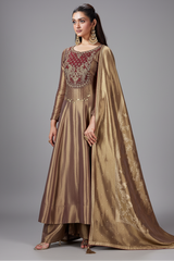 Golden Tissue Silk Cutdana and Zardosi Worked Anarkali Palazzo Suit - gold silk saree