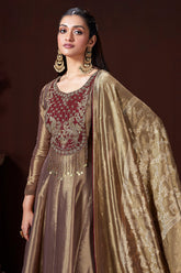 Golden Tissue Silk Cutdana and Zardosi Worked Anarkali Palazzo Suit - gold silk saree