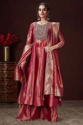 Pink Tissue Zardosi and Sequin Worked Anarkali Palazzo Suit - pink saree