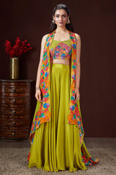 Lime Green Crepe Silk Cutdana Worked Crop Top Palazzo Set with Jacket - green silk saree