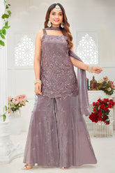 Antique Purple Glass Tissue Sequin Cutdana Worked Palazzo Suit - purple saree