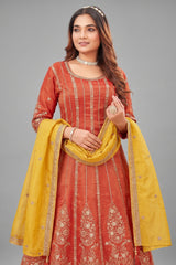 Rust Orange Organza Tissue Silk Sequin Embroidery Worked Anarkali Suit