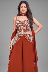 Maroon Crepe Silk Sequinned Slit Cut Palazzo Suit