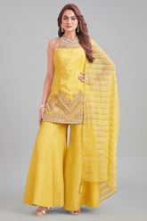 Light Yellow Chinon Cutdana and Embroidery Worked Palazzo Suit - yellow saree embroidery