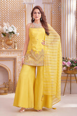 Light Yellow Chinon Cutdana and Embroidery Worked Palazzo Suit