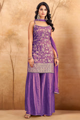 Lavender Purple Tissue Floral Woven Sharara Suit