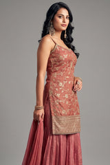 Coral Peach Tissue Floral Woven Sharara Suit