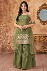 Green Tissue Floral Woven and Mirror Work Sharara Suit