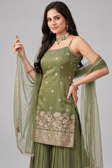 Green Tissue Floral Woven and Mirror Work Sharara Suit