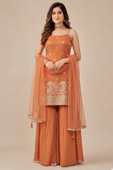Orange Tissue Floral Woven and Mirror Work Sharara Suit - orange saree