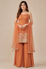 Orange Tissue Floral Woven and Mirror Work Sharara Suit