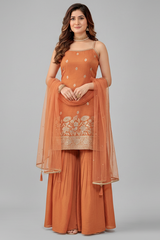 Orange Tissue Floral Woven and Mirror Work Sharara Suit