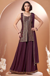 Dark Wine Georgette Woven Palazzo Suit - georgette saree