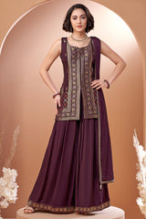 Dark Wine Georgette Woven Palazzo Suit