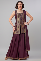 Dark Wine Georgette Woven Palazzo Suit