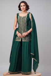 Green Georgette Woven Palazzo Suit - green georgette saree