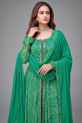 Green Georgette Chiffon Leheriya Printed Palazzo Suit with Mirror Work
