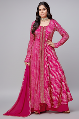 Pink Georgette Chiffon Leheriya Printed Palazzo Suit with Mirror Work