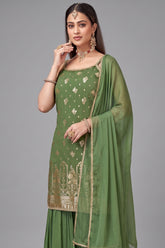 Green Georgette Chinon Floral Woven Sharara Suit - green georgette saree