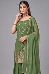 Green Georgette Chinon Floral Woven Sharara Suit