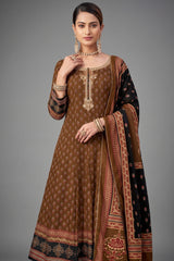 Brown Crepe Muslin Printed Anarkali Palazzo Suit
