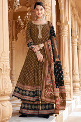 Brown Crepe Muslin Printed Anarkali Palazzo Suit - brown crepe saree