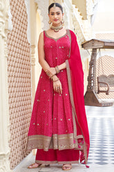 Pink and Red Georgette Bandhej Printed Anarkali Palazzo Suit - red georgette saree bandhej