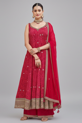 Pink and Red Georgette Bandhej Printed Anarkali Palazzo Suit - red georgette saree bandhej