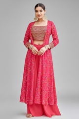 Pink Chinon Georgette Mirror Embroidered Crop Top Palazzo with Bandhej Jacket - red georgette saree bandhej