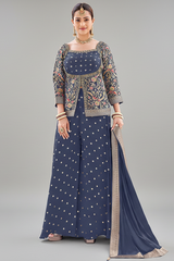 Grey Chinon Georgette Floral Woven Palazzo Suit